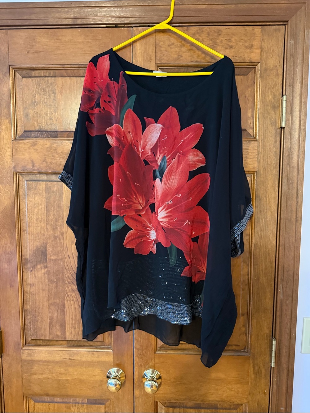 Avenue Black Top with Large Red Floral Print